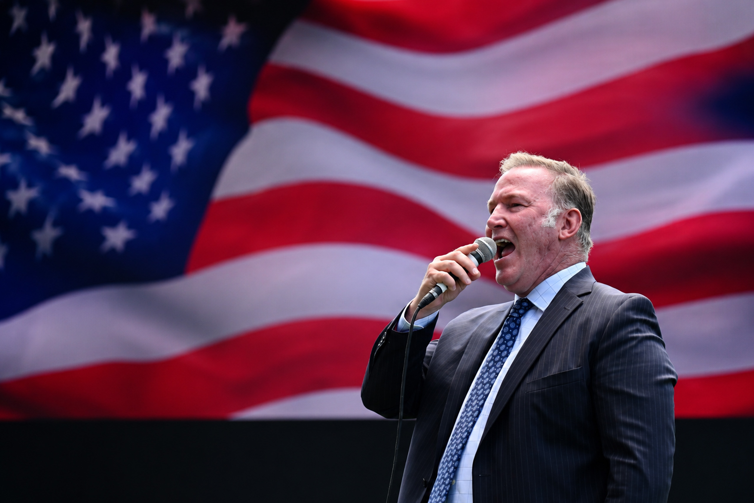 Jim Cornelison singing in front of an American flag